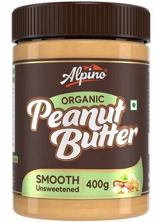 Alpino Organic Natural Peanut Butter Smooth 400 G | Unsweetened | Made with 100% Roasted Organic Peanuts | 30% Protein | No Added Sugar | No Added Salt | No Hydrogenated Oils | Non GMO | Gluten Free | Vegan